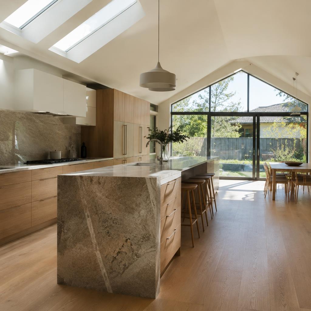 Bright open-plan kitchen extension with stone island